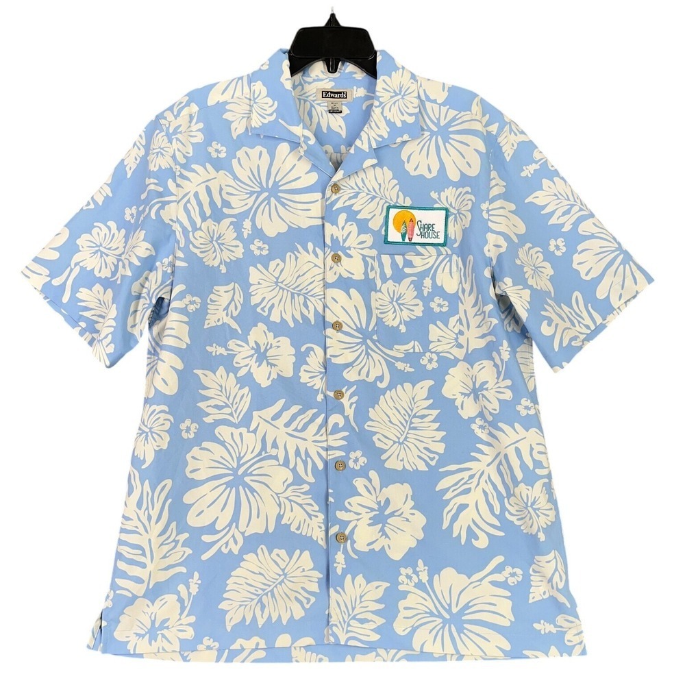Edwards Hawaiian Aloha Shirt Mens M Floral Share House Resort Coral‎ Blue